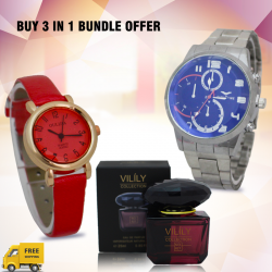 Buy 3 In 1 Bundle Offer, Eagle Time High Quality Stainless Steel Band Watch For Men, Oulijia Fashion Watch For Women, Vilily Collection Beauty Encounter Eau De Natural Spray For Women, V821
